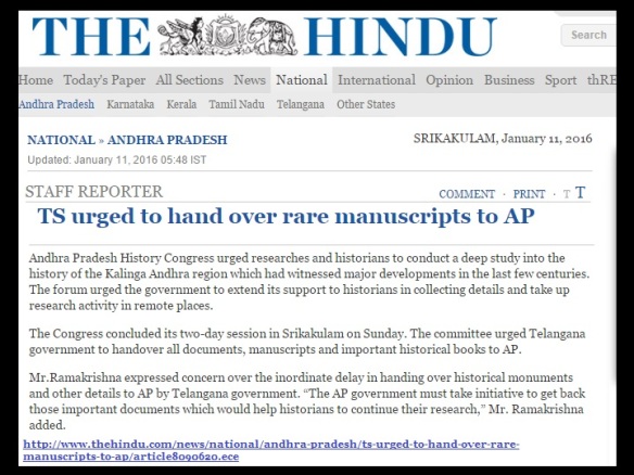 TS urged to hand over rare mss to AP -The Hindu 11-01-2016
